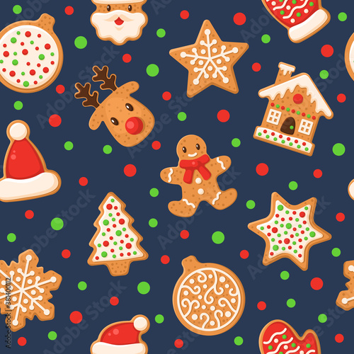 Gingerbread seamless pattern. Holiday gingerbreads sugar glazed winter sweet sugar glaze food, cookie man and deer holidays decor textile, fabric wrapping paper wallpaper vector texture