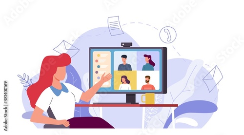 Online meeting. Woman talking with people group on monitor screen , video conference remote work with computer, virtual chat or e-learning internet communication vector flat concept