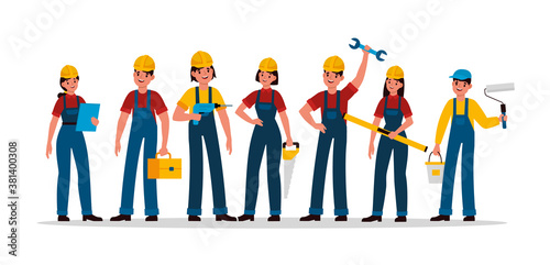Builders group. Construction industry people team in helmet, contractor engineer, technician and builder, mechanic, male and female with tools saw, hammer and trowel vector characters