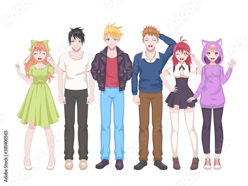 Group anime characters. Manga girls and boys, kawaii asian teens in casual japanese or korean cosplay clothes. Smiling young people with waving hand vector trendy cartoon characters