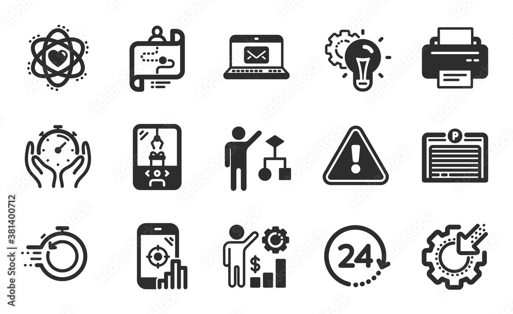 Seo phone, Crane claw machine and Employees wealth icons simple set. Atom, Printer and Parking garage signs. Seo gear, Journey path and 24 hours symbols. Flat icons set. Vector Seo phone, Crane claw machine and Employees wealth icons simple set. Atom, Printer and Parking garage signs. Seo gear, Journey path and 24 hours symbols. Flat icons set. Vector
