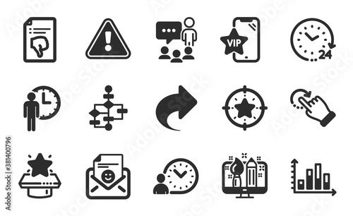 Rotation gesture, Winner podium and Block diagram icons simple set. Diagram graph, 24 hours and Share signs. Time management, Star target and Smile symbols. Flat icons set. Vector