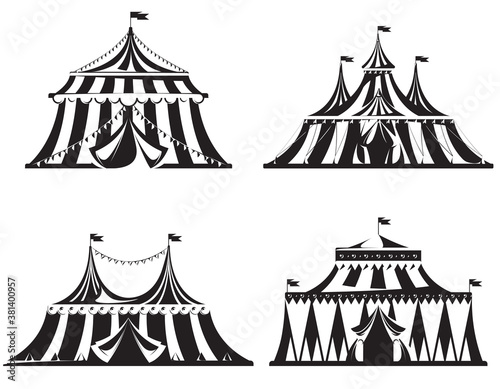 Set of different circus tents. Illustrations in monochrome style.