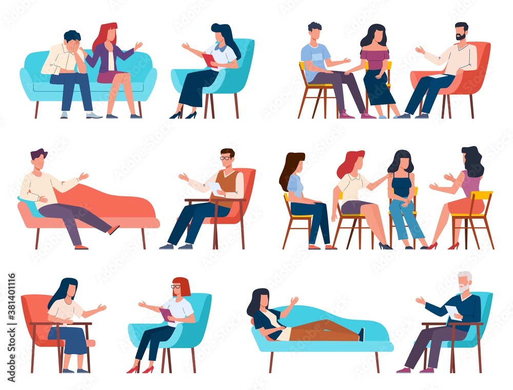 Group therapy. Men and women talking to psychotherapist or psychologist. Psychoanalysis and family psychotherapy, problems counseling and therapy with support group vector characters Group therapy. Men and women talking to psychotherapist or psychologist. Psychoanalysis and family psychotherapy, problems counseling and therapy with support group vector characters
