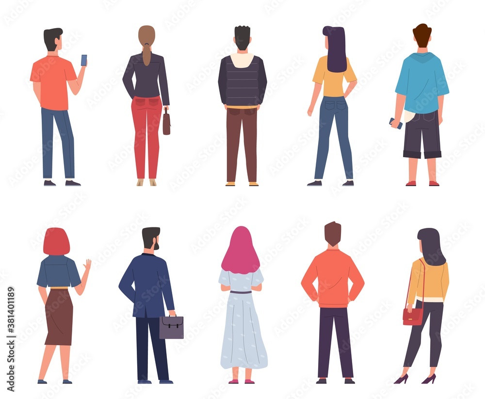 People back view. Men, women in casual clothes standing together in various poses set, male and female persons from back side with phones and bags collection. Flat vector characters