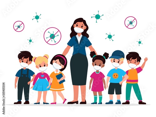 Kids with teacher with masks. Pedagogue and children wearing medic protective mask and viruses around. Stop the spread Covid-19 in school, beware epidemic flat vector illustration