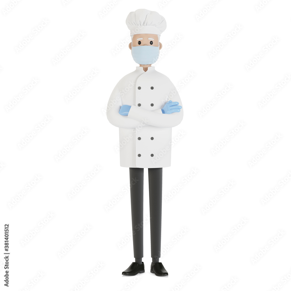 Chef wearing a mask and gloves. 3D illustration in cartoon style. Chef wearing a mask and gloves. 3D illustration in cartoon style.