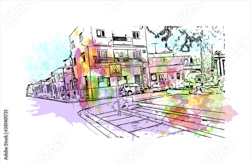 Building view with landmark of Bayamo is the capital city of the Granma Province of Cuba. Watercolor splash with hand drawn sketch illustration in vector.