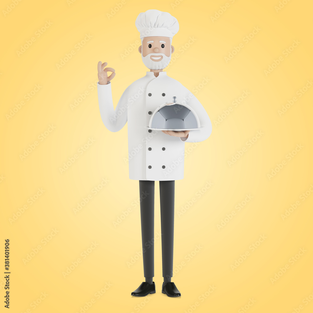 The chef holds a silver food tray and makes the perfect dish gesture. 3D illustration in cartoon style. The chef holds a silver food tray and makes the perfect dish gesture. 3D illustration in cartoon style.