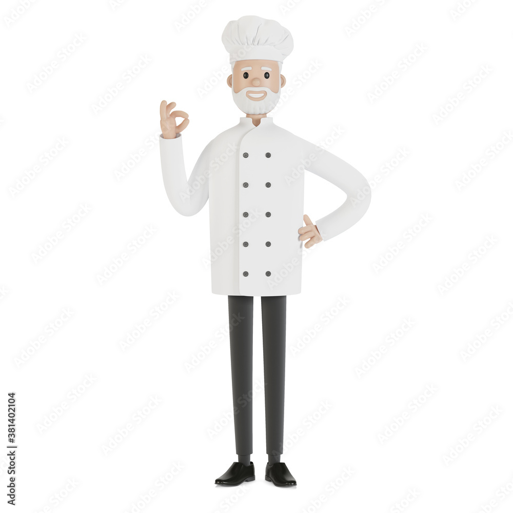 The chef makes the gesture of the perfect dish. 3D illustration in cartoon style. The chef makes the gesture of the perfect dish. 3D illustration in cartoon style.