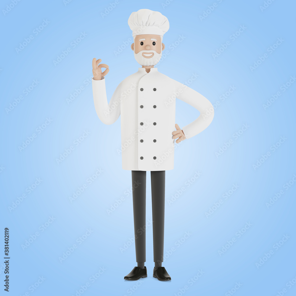 The chef makes the gesture of the perfect dish. 3D illustration in cartoon style. The chef makes the gesture of the perfect dish. 3D illustration in cartoon style.