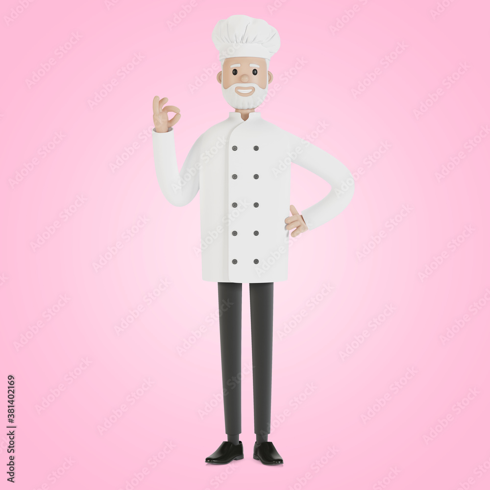 The chef makes the gesture of the perfect dish. 3D illustration in cartoon style. The chef makes the gesture of the perfect dish. 3D illustration in cartoon style.