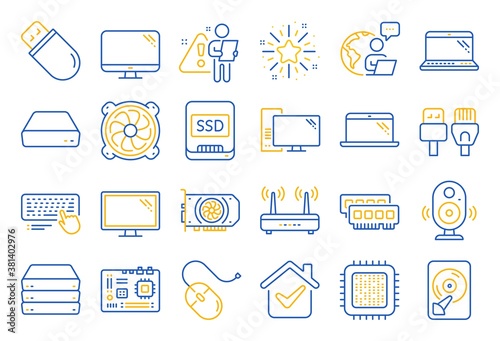 Computer components, Laptop, SSD line icons. Motherboard, CPU, Internet cables icons. Wifi router, computer monitor, Graphic card. Keyboard, SSD device. Internet cables, laptop components. Vector