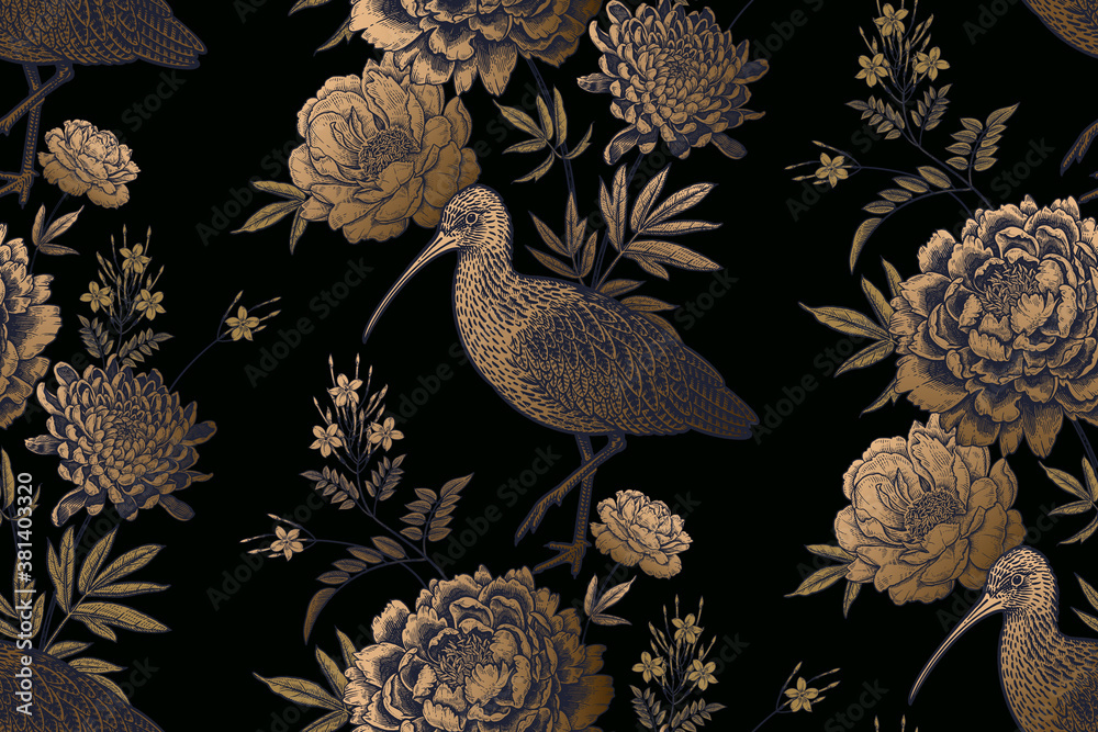 Floral Seamless pattern. Birds Ibis and garden flowers. Gold and black