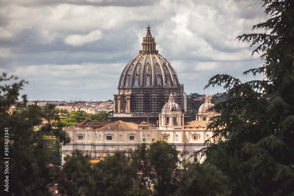 Dome of St. Peter in the Vatican city in Rome in Italy. Renovation works in the cathedral with scaffolding.