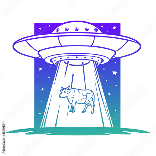 Flying Saucer UFO Abduction. Cow Vector Design. Elements. Space Object Alien.