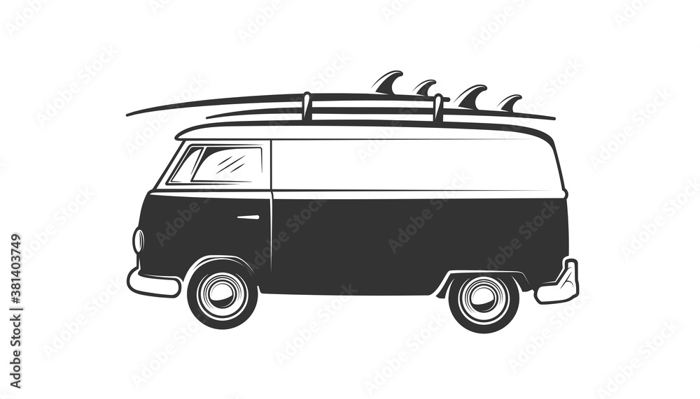 Van with surfboard isolated on white background - obrazy, fototapety, plakaty 