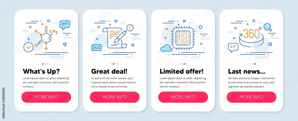 Set of Science icons, such as Chemical formula, Cpu processor, Agreement document symbols. Mobile screen mockup banners. 360 degrees line icons. Chemistry, Computer component, Legal contract. Vector Set of Science icons, such as Chemical formula, Cpu processor, Agreement document symbols. Mobile screen mockup banners. 360 degrees line icons. Chemistry, Computer component, Legal contract. Vector