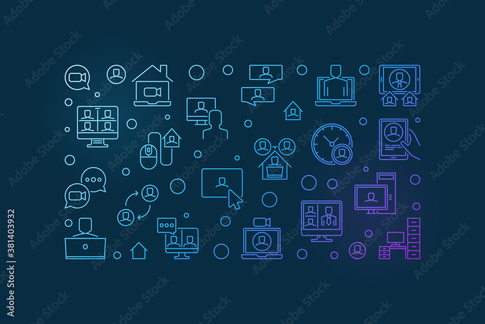 Video Conference linear blue horizontal banner. Vector Webinar concept outline illustration on dark background Video Conference linear blue horizontal banner. Vector Webinar concept outline illustration on dark background