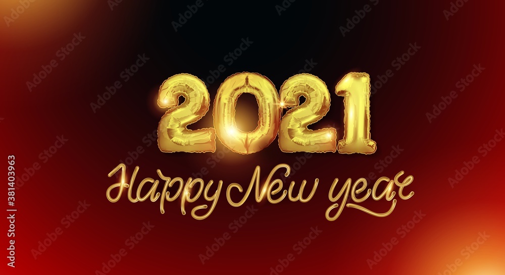 New year's card 2021. Design of Christmas decorations with the inscription and with Golden balls number 2021. Happy New Year. Realistic 3d vector illustration