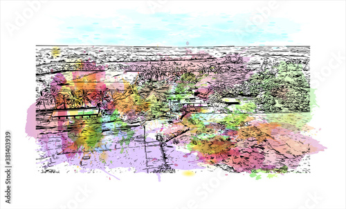 Building view with landmark of Bayamo is the capital city of the Granma Province of Cuba. Watercolor splash with hand drawn sketch illustration in vector.