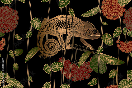 Tropical Flowers, Vines, Leaves and Chameleon. Seamless pattern. Gold print © marinavorona