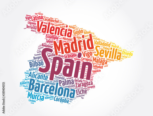 List of cities and towns in SPAIN, map word cloud collage, business and travel concept background