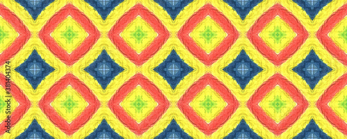Tibetan Fabric. Abstract Kaleidoscope Design. Repeat Tie Dye Rapport. Ikat Asian Print. Yellow, Red, Green Seamless Texture. Tibetan Hand Drawn Fabric Print.