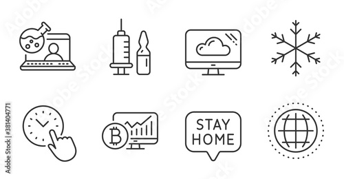 Cloud storage, Time management and Stay home line icons set. Medical vaccination, Snowflake and Globe signs. Online chemistry, Bitcoin chart symbols. Quality line icons. Cloud storage badge. Vector