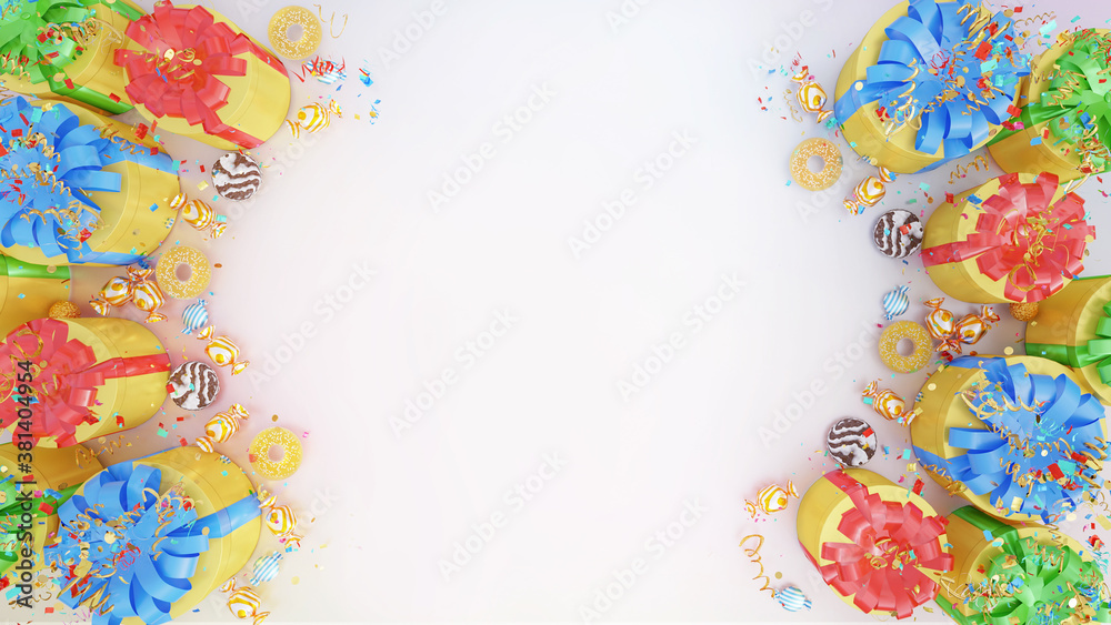 Obraz premium Colorful present boxes, candies, jellies on white background. 3D render