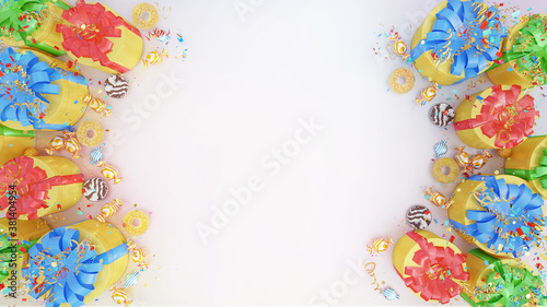 Colorful present boxes, candies, jellies on white background. 3D render