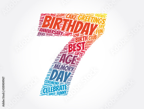 Happy 7th birthday word cloud, holiday concept background