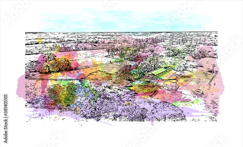 Building view with landmark of Bayamo is the capital city of the Granma Province of Cuba. Watercolor splash with hand drawn sketch illustration in vector.
