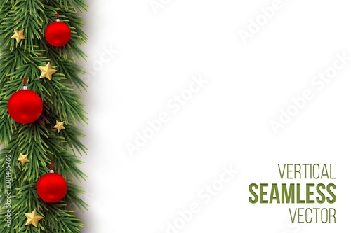 Green christmas branch with red balls, gold stars on white background. Fir natural vertical seamless decoration. Realistic vector merry xmas, new year traditional ornament with garland
