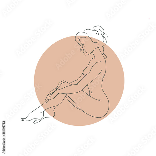 Woman naked silhouette sit drawing isolated on white background. Abstract line art style. Woman health care concept. Vector flat illustration.