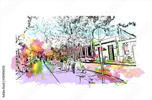 Building view with landmark of Bayamo is the capital city of the Granma Province of Cuba. Watercolor splash with hand drawn sketch illustration in vector.