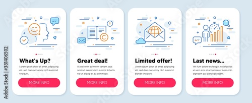Set of Education icons, such as Web mail, Good mood, Copyright symbols. Mobile screen app banners. Business statistics line icons. World communication, Positive thinking, Copywriting book. Vector
