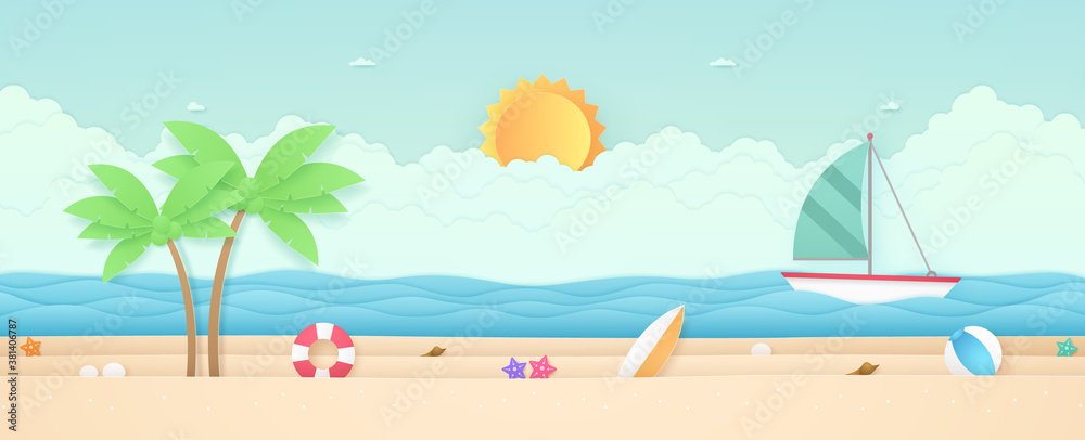 Summer Time, seascape, landscape, sailboat with sea, beach and stuff, cloud, sun, paper art style