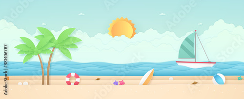 Summer Time, seascape, landscape, sailboat with sea, beach and stuff, cloud, sun, paper art style