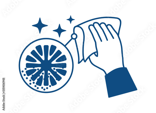 Microfiber action icon - microfibre structure stamp that shows the dust absorbing properties of synthetic fiber and hand holding cleaning cloth - isolated vector sign