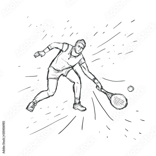 Tennis player with racquet. Sketch vector hand drawn Illustration. Sport concept. Black line isolated on white