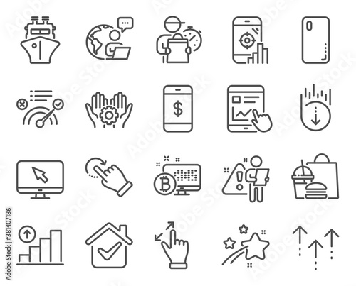 Technology icons set. Included icon as Smartphone cover, Scroll down, Correct answer signs. Employee hand, Internet report, Swipe up symbols. Bitcoin system, Graph chart, Ship. Internet. Vector