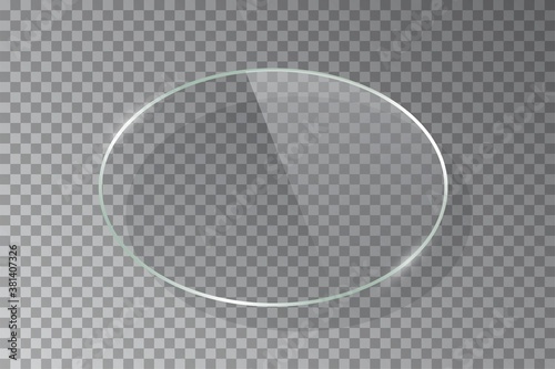 Realistic 3d horizontal ellipse glass frame isolated on grey transparent background. Creative border plate object. Round framework.