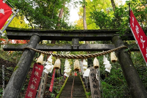 Japanese text on red flag is  Chichibu Ontake jinja Shrine . Long stairs and torii gate with votive red flag called  nobori  in autumn red and yellow leaves trees in mountain at Chichibu   Japan.