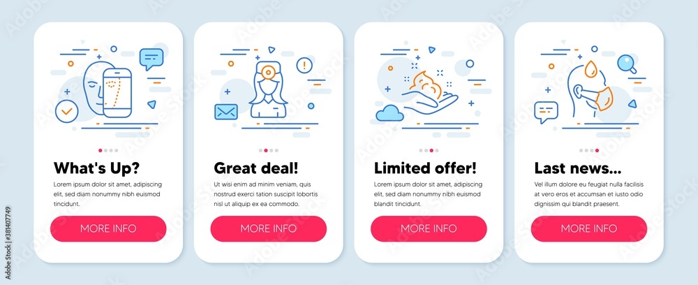 Set of Medical icons, such as Skin care, Oculist doctor, Face biometrics symbols. Mobile screen app banners. Sick man line icons. Hand cream, Optometrist, Facial recognition. Vector Set of Medical icons, such as Skin care, Oculist doctor, Face biometrics symbols. Mobile screen app banners. Sick man line icons. Hand cream, Optometrist, Facial recognition. Vector