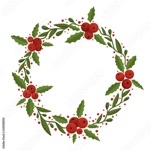 Christmas floral wreath with holly berry. Modern design for Holidays invitation card, poster, banner, greeting card, postcard, packaging, print. Vector illustration. 