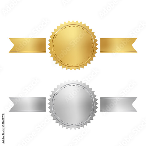 Golden and silver stamps with horizontal ribbons isolated on white background. Luxury chrome seals. Vector design elements.