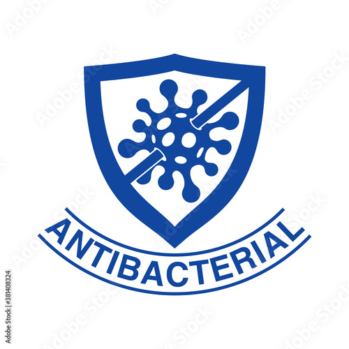 Antibacterial protection emblem - shield with crossed virus bacteria inside - vector isolated sign for antiseptic cosmetics and medical pharmaceutical products