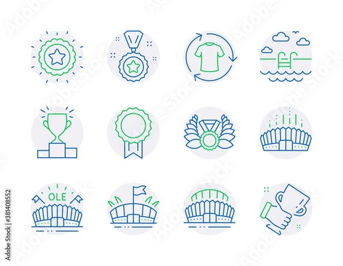 Sports icons set. Included icon as Laureate medal, Arena stadium, Swimming pool signs. Sports arena, Change clothes, Winner podium symbols. Winner star, Reward, Sports stadium line icons. Vector