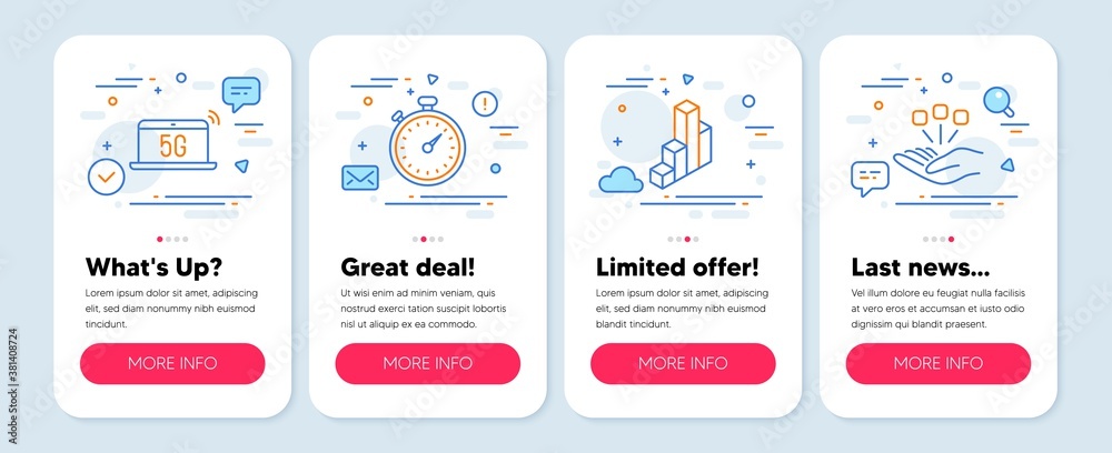 Set of Business icons, such as Timer, 5g notebook, 3d chart symbols. Mobile screen banners. Consolidation line icons. Stopwatch gadget, Wireless laptop, Presentation column. Strategy. Vector